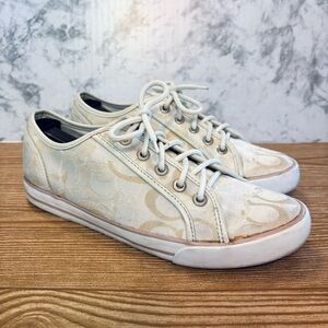 Coach Signature Dee White and Tan Lace-up Canvas Sneakers Shoes Size 8